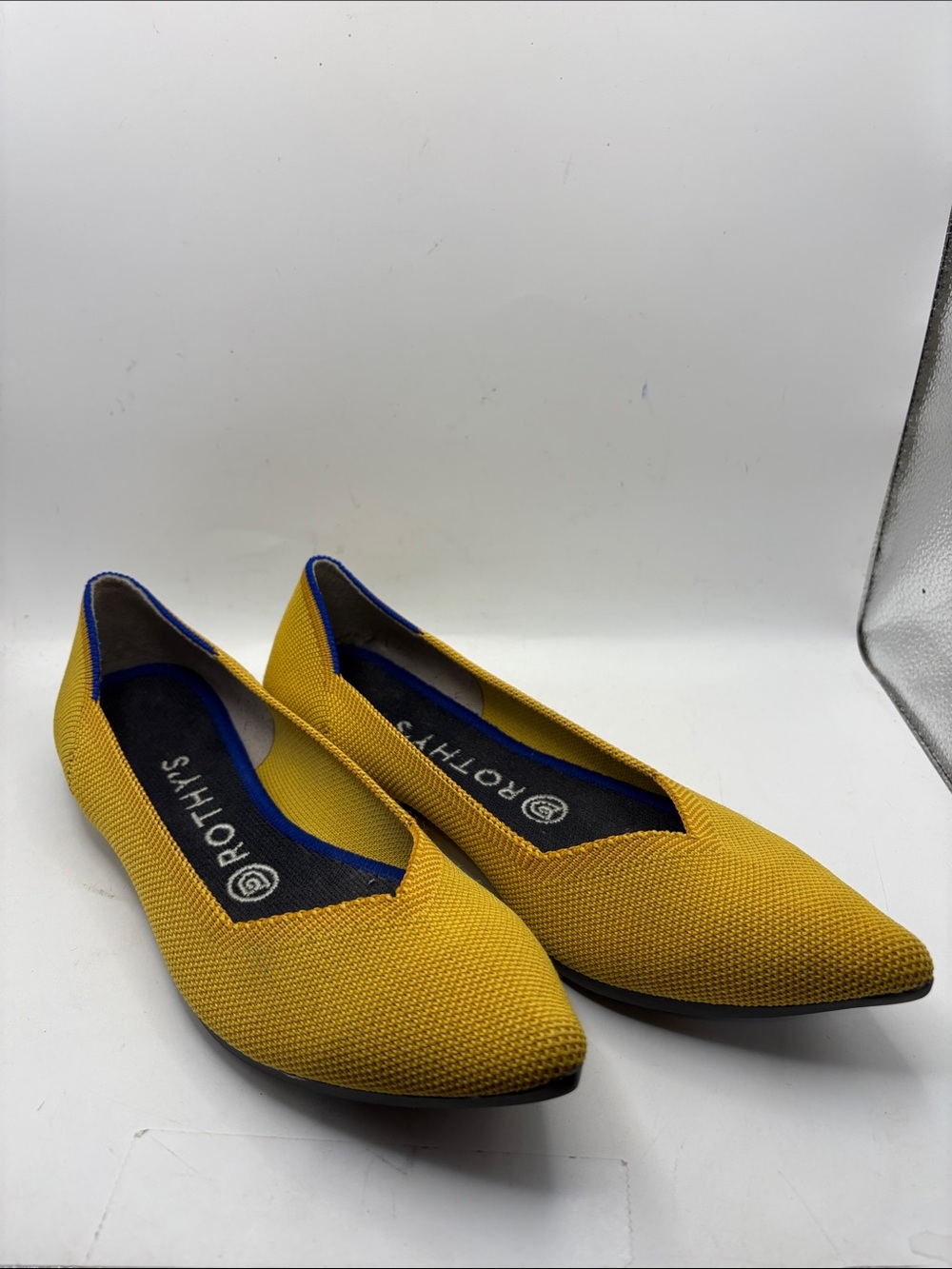 Rothy's Pointed Knit Ballet Flats in Bright Yellow with Blue Trim